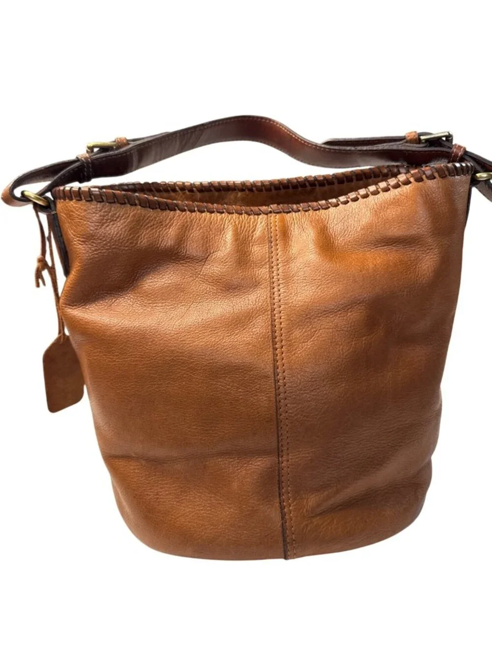 Woven Genuine Leather Brown Shoulder Bag W/Adjustable Strap & Inner Pockets